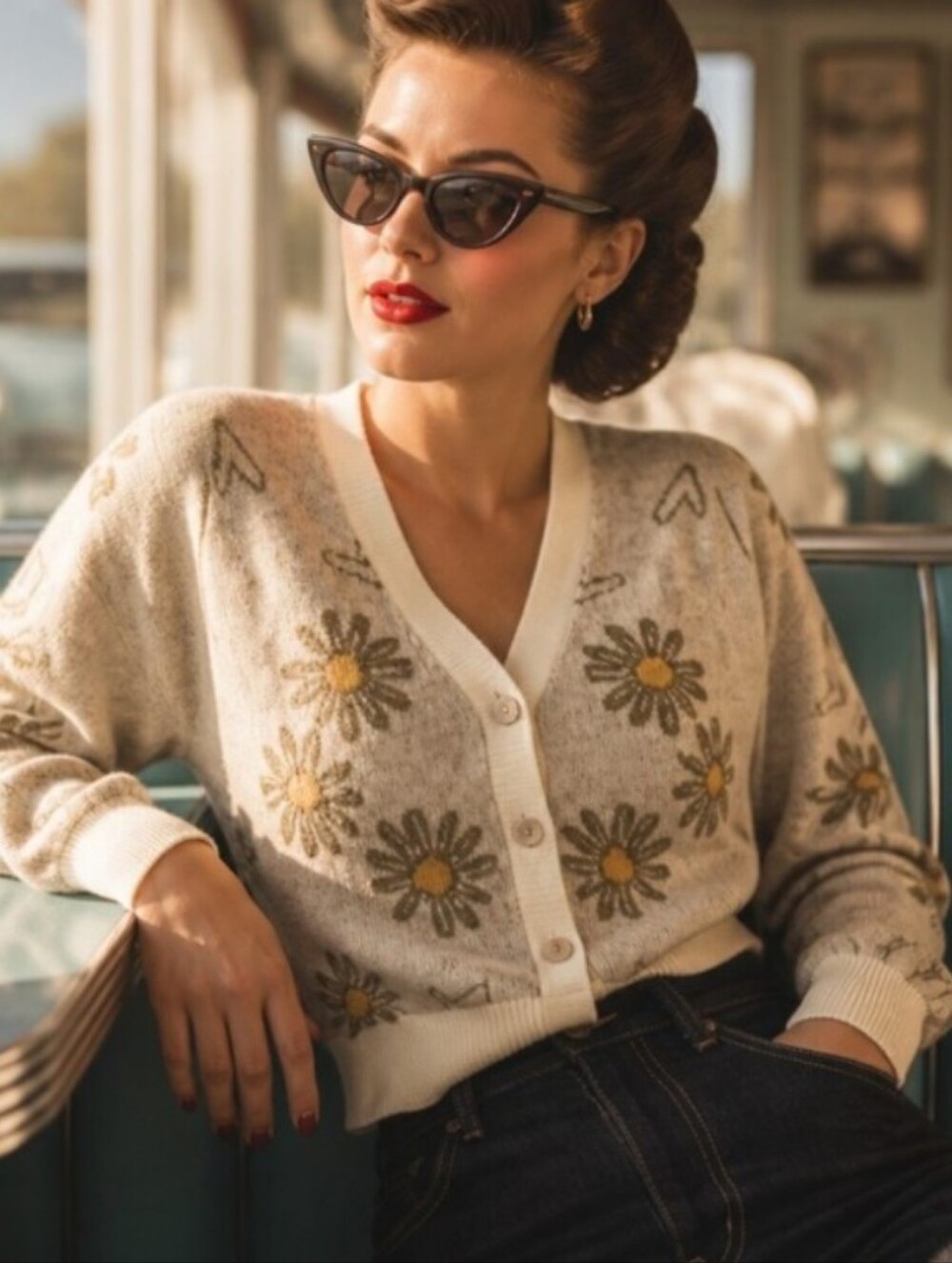 Cream Daisy-Embroidered Button Cardigan Sweater